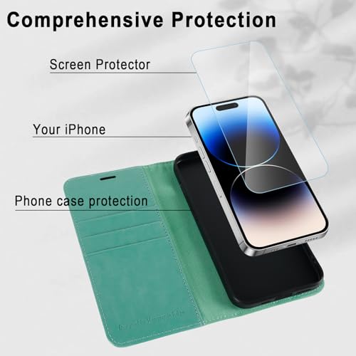 Image of MONASAY Vegan Leather Fit for iPhone 14 Pro Max 5G Wallet Case, 6.7-inch, [Glass Screen Protector Included] [RFID Blocking] Flip Folio Phone Cover with Credit Card Holder,Mint