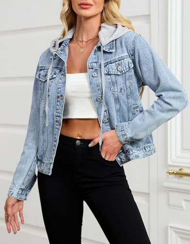 Kedera Women's Casual Button Down Denim Jacket Long Sleeve Detachable Hoodie Vintage Boyfriend Jean Coat3