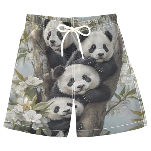 DOMIKING Panda Blossom Blue Boys' Pull On Swim Trunks Quick Dry Boardshorts with Mesh Lining for Beach Pool Gym M