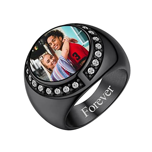 FindChic Customized Signet Photo Rings Square/Heart/Round Chunky Band Ring Stainless Steel/18K Gold Plated/Black Size 7 to 14 Personalized Jewelry for Men Women, Send Gift Box 02. round (bla