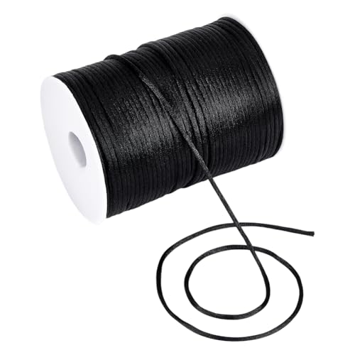 PH PandaHall Cordón de satén de nailon de 3 mm de 142 yardas, cordón de satén negro con carrete de hilo de nailon, cuerda de satén para cuentas trenzadas, pulseras, joyas, manualidades, cordones de