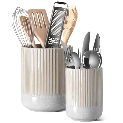 LE TAUCI Utensil Holder, Set of 2, 7.3"+5.4" Ceramic Kitchen Utensil Holder for Counter, Large Cooking Utensil Crocks for Kitchen Decor, Morden Utensil Organizer for Spatula, Glaze Marble Gray by LE TAUCI - Used condition - CA$32.79