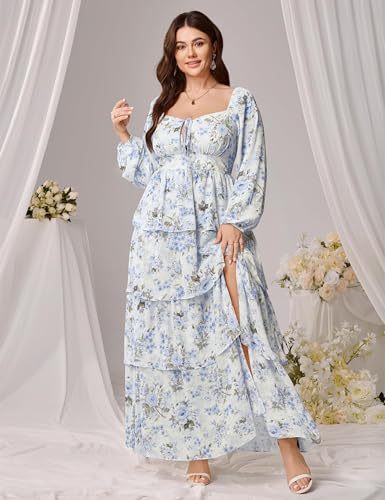 Image of EYWOL Womens Plus Size Floral Tiered Ruffle Long Sleeve Evening Party Wedding Guest Dress