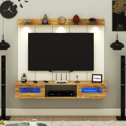 Image of Anikaa Orilo Wall Mount PVC Back Panel TV Unit with Spot & Blue Ambient LED Light- Acrylic Storage Box, Display Shelf & Soft-Close Hinges | Ideal for Up to 50 Inch TV (Giantwood - DIY Installation)