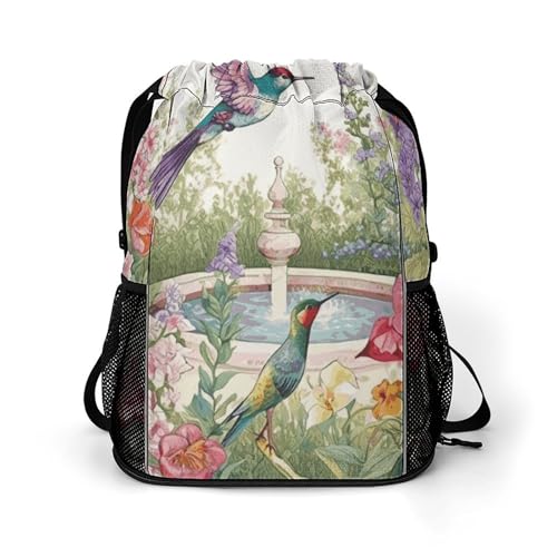 Sac à dos léger avec cordon de serrage imprimé oiseaux et fleurs de dimensions 45,5x41,5x36 cm