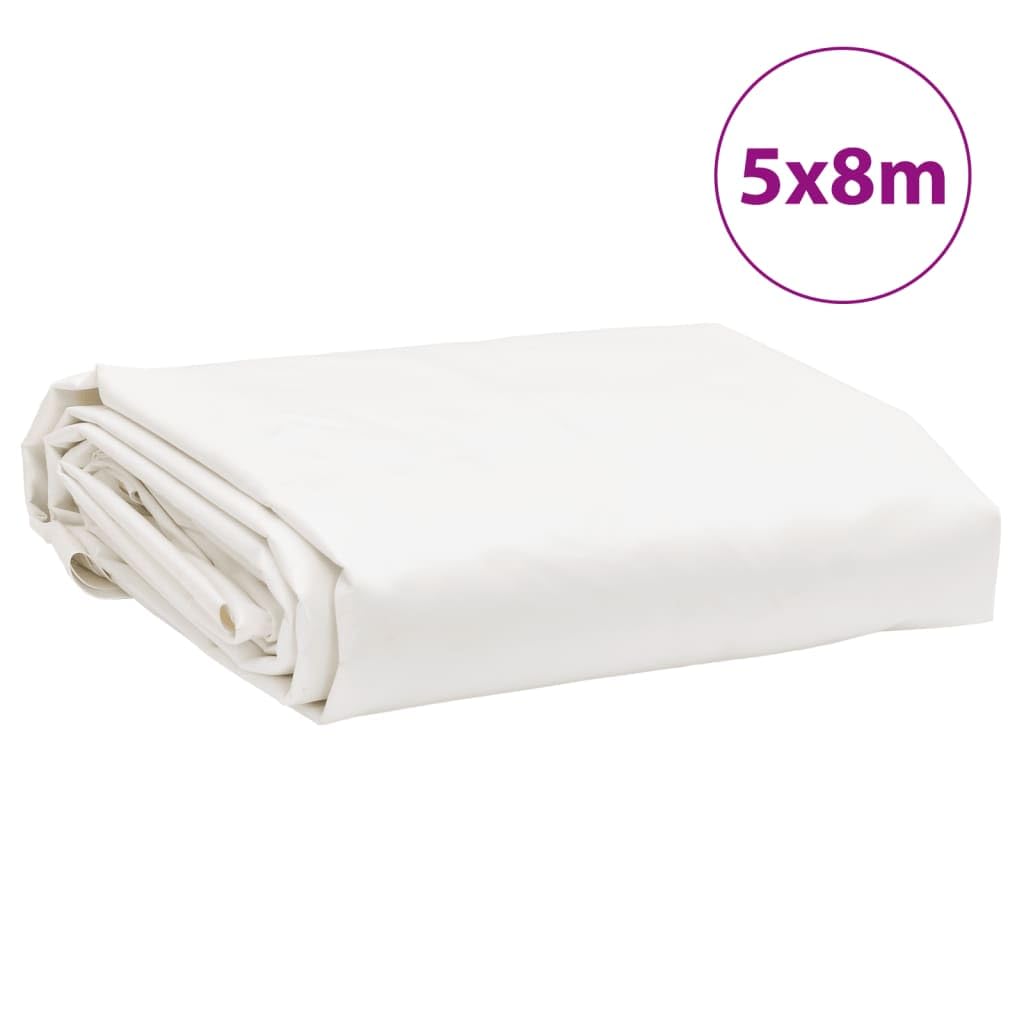Telone bianco in tela con rivestimento in PVC, 5 x 8 m, 650 g/m², antistrappo, resistente alle intemperie, con occhielli, per mobili da giardino, auto, rimorchi, campeggio, esterni