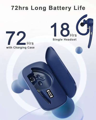 HEIBAS Bluetooth Headset, Wireless Bluetooth In Ear piece with 500mAh Charging Case 72 Hours Talking Time Built-in Microphone for iOS Android Cell Phone, Hand-Free Headphones for Trucker, Office(Blue)