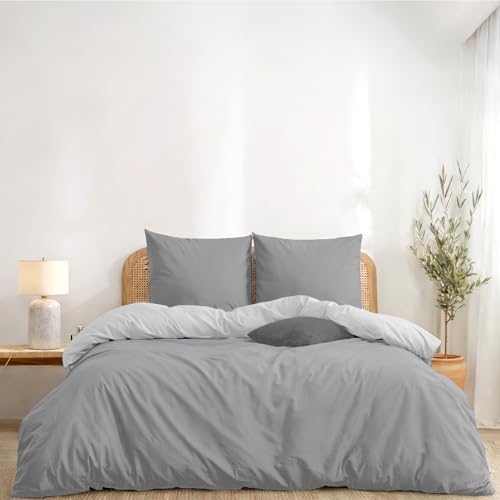 Twinzen Housse De Couette 220x240 cm Réversible, avec 2 Taie Oreiller 65x65 cm, Gris Clair/Blanc - Parure de Lit 220x240 Adulte en Microfibre - Oeko-Tex