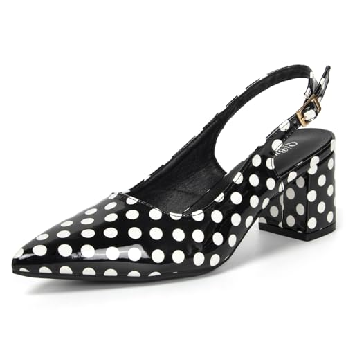 Pointy Closed Toe Patent Leather Slingback Pumps for Women Comfortable 2.3 Inch Low Block Backless Heels for Wedding Party Prom Black Dress Shoes with White Spots