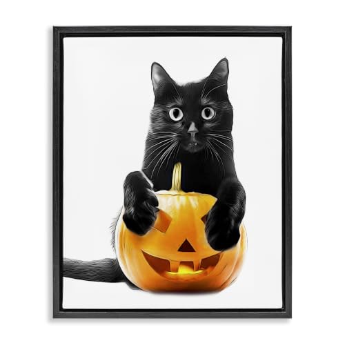 Black Cat Jack-o-Lantern Halloween, 16 x 20 Inch Canvas in Floater Frame