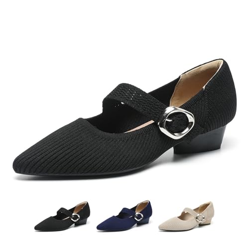 Women's Knit Low Chunky Block Heel Mary Jane Pumps with Adjust Metal Buckle Strap Fashion Closed Pointed Toe Shallow Mouth Slip On Heels Comfortable Casual Business Dress Shoes - Main Image