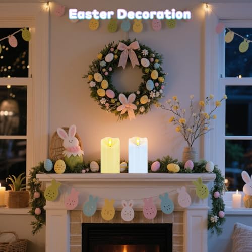 Image of Flameless Candles Light, Set of 2 6 inchx3 inch Flickering Pastel Spring LED Candles with Remote & Timer, Dimmable Real Wax Easter Pillar Candles Battery Operated for Home Spring Easter Decor (Blue Yellow)