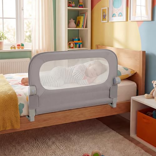 COSTWAY Barrera Seguridad Niños, Barandilla Plegable para Cama, Barandilla de Seguridad Ajustable dcon Funda Extraíble de Tejido Oxford y Base Robusta en Forma de U (Gris,80 x 60 cm)
