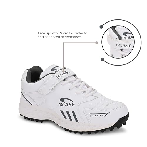 Image of Pro ASE Lightweight Cricket Shoes - Durable & Comfortable | Ideal for Turf, Ground & Hard Surfaces | Allrounder Design with Studs, Velcro & Superior Grip | White, Blue, Grey