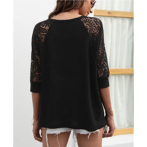 Blusa feminina de manga 3/4 de renda vazada com gola redonda, Preto, P