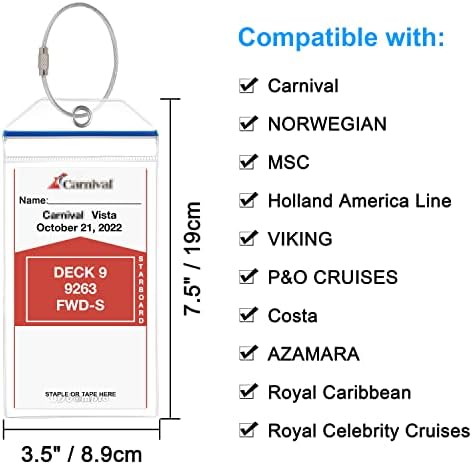 Wisdompro Cruise Luggage Tag Holders, 5-Pack Clear Waterproof PVC Pouch with Zipper & Steel Loops for Cruise Trip (Blue Zip)