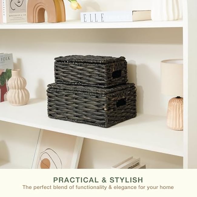 Wicker Basket with Lid - Decorative Storage Boxes for Home Decor, Shelves - Woven Basket with Lid - Wicker Decor - Rattan Box - Decorative Bins with Lids (Black)
