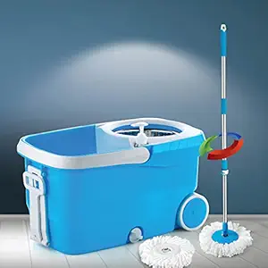 Primax Deluxe ABS Plastic Mop with Stainless Steel Wringer Basket, 2 Microfiber Refills and Soap Dispenser Mopping System with Wheels (Multicolor)