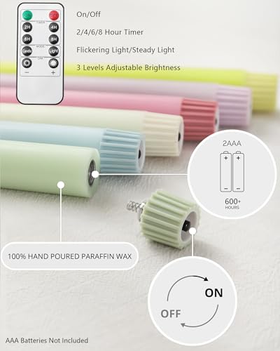Image of Stmarry Multicolored Pastel Flameless Taper Candles with Remote and Timer, 9.65 Inch Real Wax LED Colorful Candlesticks, Battery Operated Colored Tall Candles with 3D Flickering Flame, 6 Pack