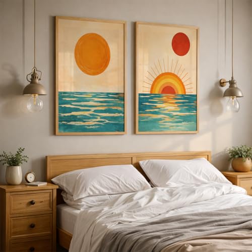 Image of TheMakerly Set of 2 Sunset Ocean Framed Wall Painting for Living Room | Modern Abstract Sun Wall Art | Aesthetic Coastal Sea Wall Decor Frames for Bedroom, Hall & Office