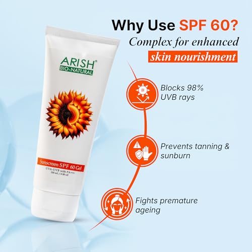 Image of ARISH BIO-NATURAL Sunscreen SPF 60 PA+++ Gel 100ml | Broad-Spectrum, Lightweight NonGreasy Formula with Aloe Vera & Zinc Oxide |High Protection for Face & Body |Sunscreen for Women & Men All Skin Type