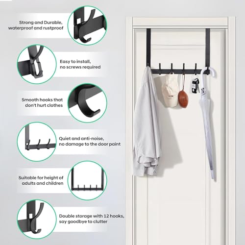 Over The Door Hooks Hanger with 11 inches Extended Arms, Tool-Free Assembly, No Nail Over Door Hanger Holder with 6-Double Hook for Bathroom, Bedroom, Kitchen, Hanging Towels, Coats