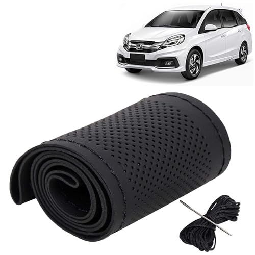 Image of KINGSWAY PU Leatherite Car Steering Cover Sewable Compatible with Honda Mobilio (Year 2013-2016), Black Color with Black Thread, Pack of 1 with Sewing Needle and Thread