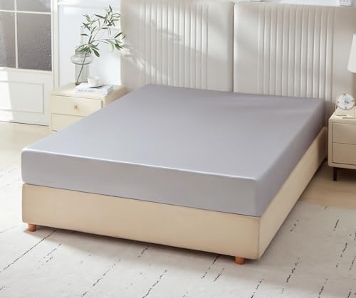 Mulberry Park 100% Pure King Silk Fitted Sheet 22 Momme 6A Mulberry Silk Bed Sheets with 16" Deep Pocket - Breathable, Ultra-Soft, Seamless - Silver
