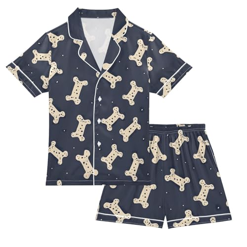 ALAZA Bone Blue Pajamas Satin Pajama Set Short Sleeve Button Down Sleepwear
