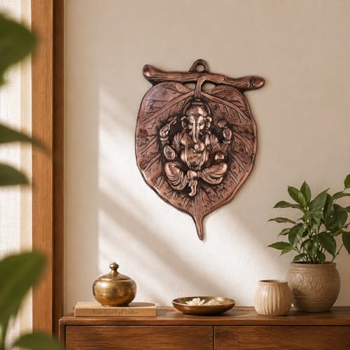 Image of Collectible India Ganesha Leaf Metal Wall Hanging Sculpture | Ganesh Idol Home Decor Ganpati on Leaf Lucky Feng Shui Wall Art
