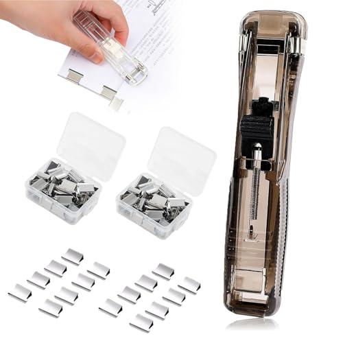 Portable Binder Stapler,Includes 100 Reusable Clips Press-Down Binder Clip,Transparent Mini Handheld Paper Dispenser,40-Sheet Ca