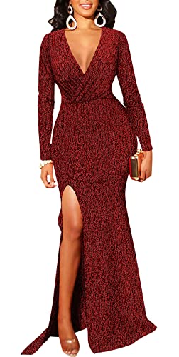 Image of Formal Long Sleeve Dress for Women Sequin Bodycon Ruched Sparkly Dresses
