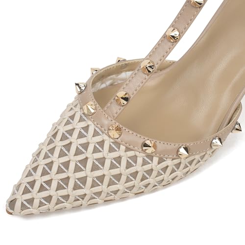 Image of XINIUNIU Studded Heels for Women Kitten Heels with Studs Stiletto Sandals with Rivet Ankle Strap Patent Leather Pointy Toe 2.5 Inch Party Daily Wear Evening Sandals