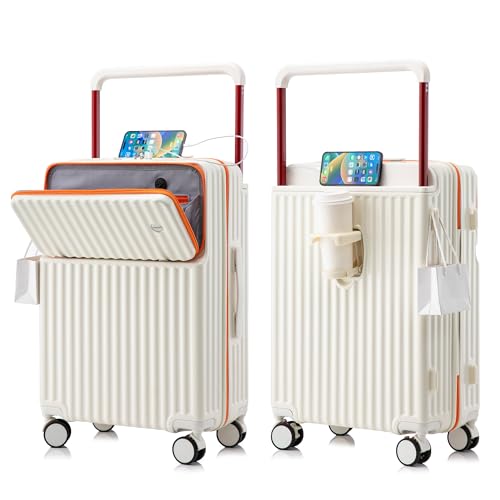 HEJIHUI 20 Inch Carry On Luggage with Spinner Wheels PC Hard Shell Suitcase with USB Port Lightweight Travel Luggage Airline Approved for Men Women White