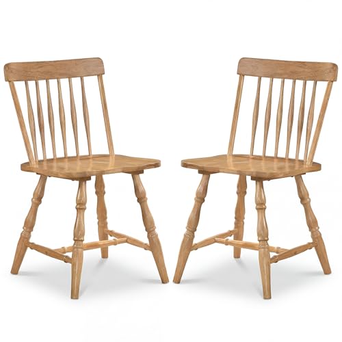 Image of COSTWAY Windsor Chairs Set of 2, Armless Solid Wood Dining Chairs with Spindle Backs, Farmhouse Kitchen Side Chair for Dining Room, Kitchen, Small Space (Natural)