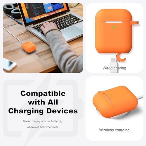 Image of AirPods Case Cover with Keychain, Full Protective Silicone AirPods Accessories Skin Cover for Women Girl with Apple AirPods Wireless Charging Case,Front LED Visible-Orange