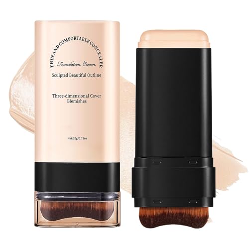 Base de maquillaje multiusos, base de maquillaje en crema, con pincel, corrector de doble cabezal y barra de contorno, resistente al agua, acabado mate natural (01Cream)