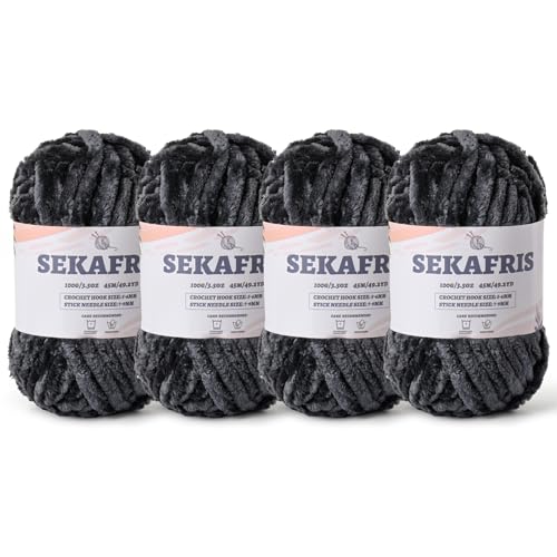 Image of Chenille Velvet Soft Yarn Carbon Gray 4 Pack | 400g /196.8yds Fuzzy Chunky Chenille Yarn for Crocheting Plush Yarn for Hand Knitting Amigurumi Fluffy Yarn