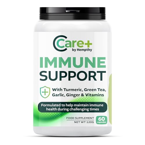 Immune Support Capsules: High Strength Turmeric, Green Tea, Garlic, Ginger & Vitamins D3, E - 60 Vegan Capsules (30 Day Supply) Made in The UK by Hempthy