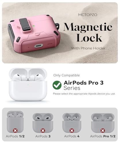 Image of for AirPods Pro 3 Case with Lock (Pink) | Compatible with MagSafe,with Phone Stand,with Automatic Snap Switch Carbon Fiber Design Protection Cover with Cleaning Pen