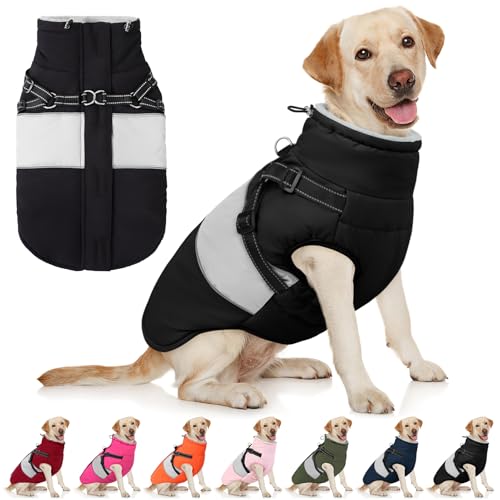 Image of AOFITEE Dog Winter Coat, Dog Coat with Harness Built in, Dogs Jacket for Large Dogs, Reflective Waterproof Pet Puffer Jacket Snowsuit, Warm Fleece Windproof Pet Sweater for Cold Weather, XL