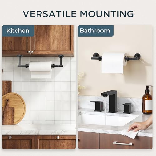Image of FORIOUS Paper Towel Holder Under Cabinet, SUS304 Wall Mounted Only Commercial Paper Towel Holder, One-Handed Tear Hanging Paper Roll Holder with Ratchet Mechanism for Kitchen Bathroom Matte Black