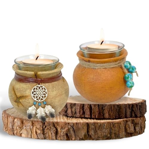 Votive Candle Holder in Southwest Native American Resin Jar Aztec Navajo Style Home Decor (A Set of 2) Tea Light Holder
