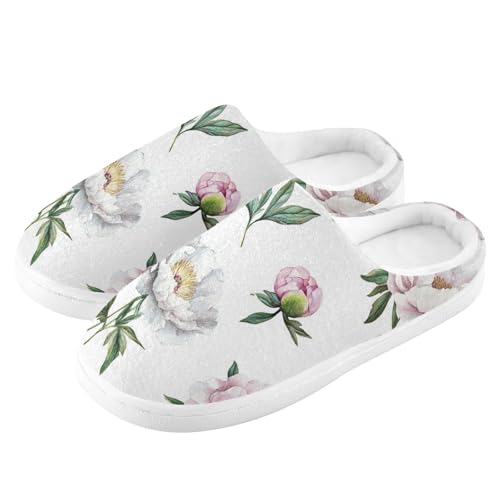 JUNZAN Unique Peonies White Womens House Cotton Slippers Closed Toe Memory Foam Ladies Slippers for Outdoor Funny Presents 6-74
