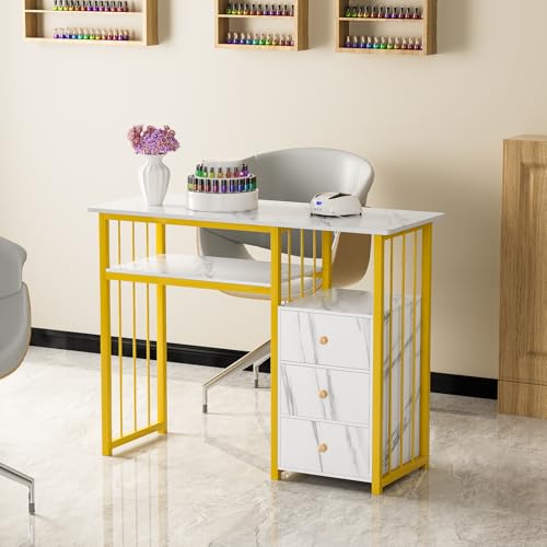 Makamsui Escritorio de uñas, mesa de manicura, escritorio de manicura con textura de mármol con múltiples estantes abiertos, estación de trabajo de salón de spa, escritorios técnicos para salón de