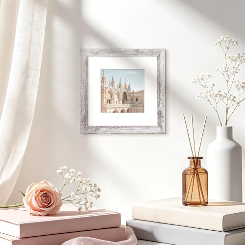 Image of upsimples 6x6 Picture Frame, Display Pictures 4x4 with Mat or 6 x 6 Without, Wall Hanging Square Frames, Rustic White, 1 Pack