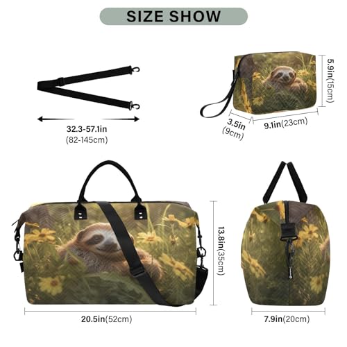 Large Travel Duffel Bag, Beautiful Sloth Daisy Sports Tote Gym Bag, Shoulder Weekender Overnight Bag for Women Men, Carry On Luggage with Toiletry Bags3
