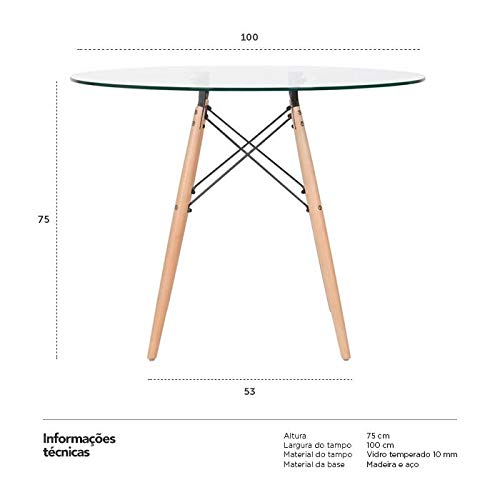 Mesa Eames 100 cm - Tampo de vidro