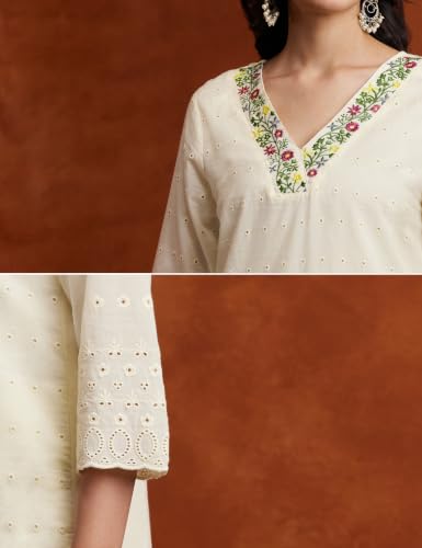 Image of Amazon Brand - Myx Women Embroidered Cotton Kurta Pant Set with Dupatta (Available in Plus Sizes)