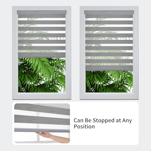 Joydeco Cordless Zebra Blinds for Windows, Dual Layer Light Control Window Blinds with Light-Proof Aluminum Cover, Free-Stop Roller Shades for Home & Office (Grey,18" W x 48" H)
